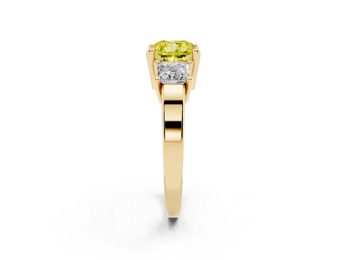 Fancy Yellow Three-Stone Cushion Cut Cut Solitaire Ring with Prong Setting Yellow gold