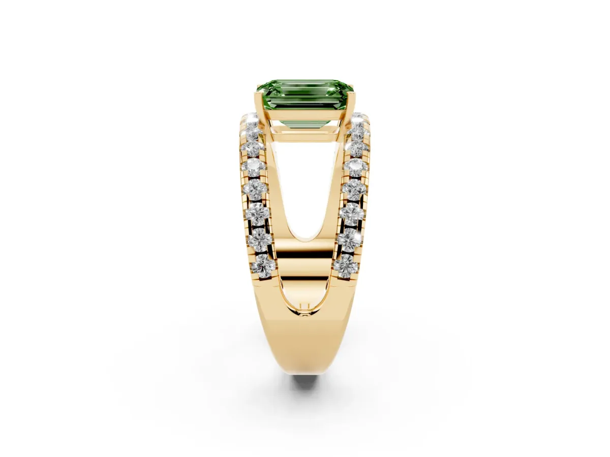 Fancy Green Emerald Cut Solitaire Split Shank Pave Diamond Ring Yellow gold