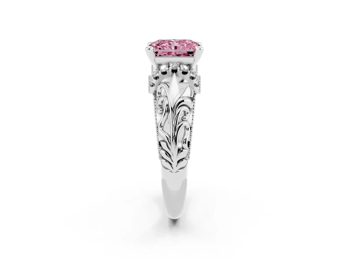 Fancy Pink Radiant Cut Solitaire Filigree Engagement Ring with Halo and Prong Setting Silver