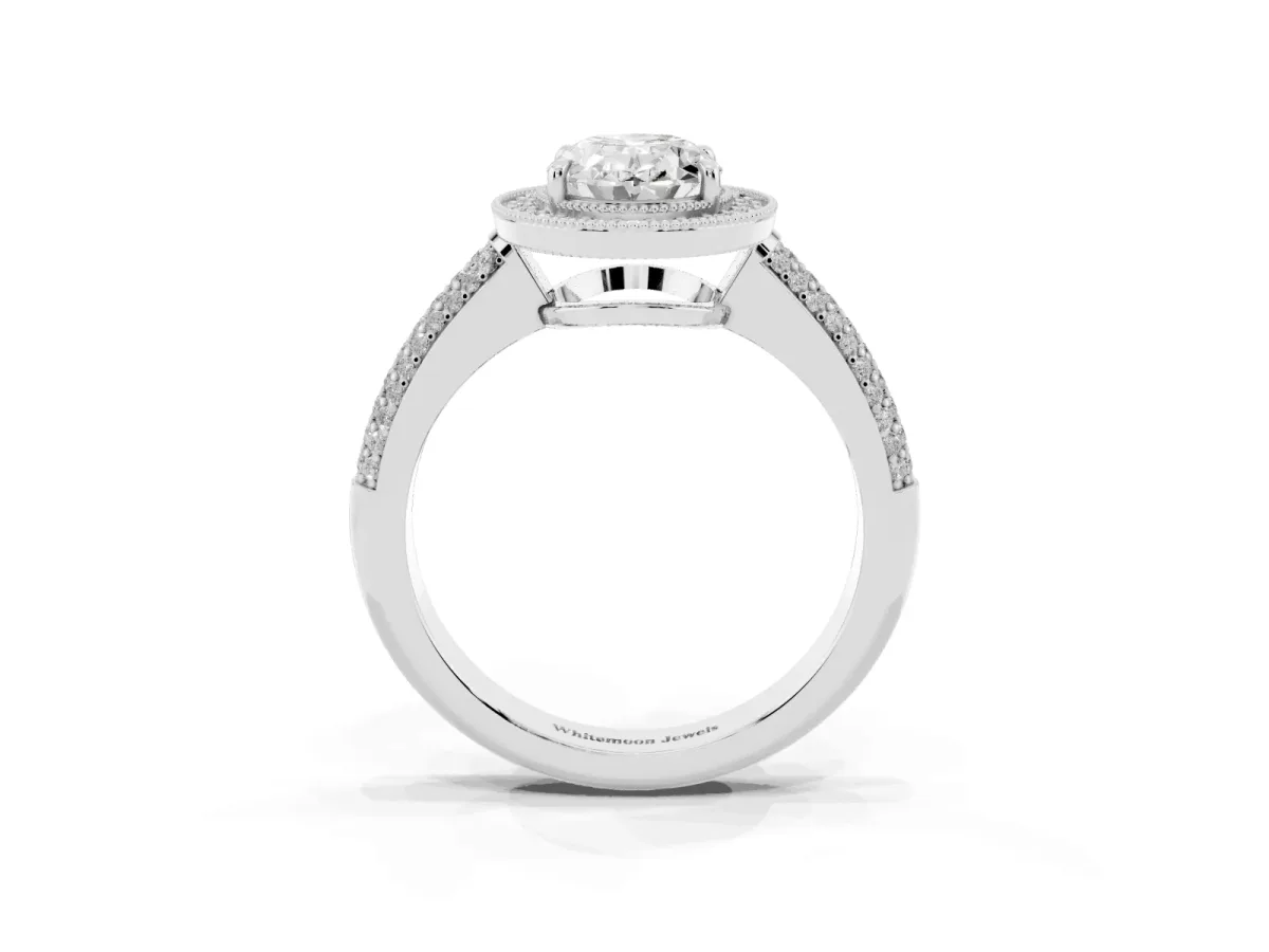 Oval Cut Cut Halo Diamond Pave Band with Four-Prong Setting Silver