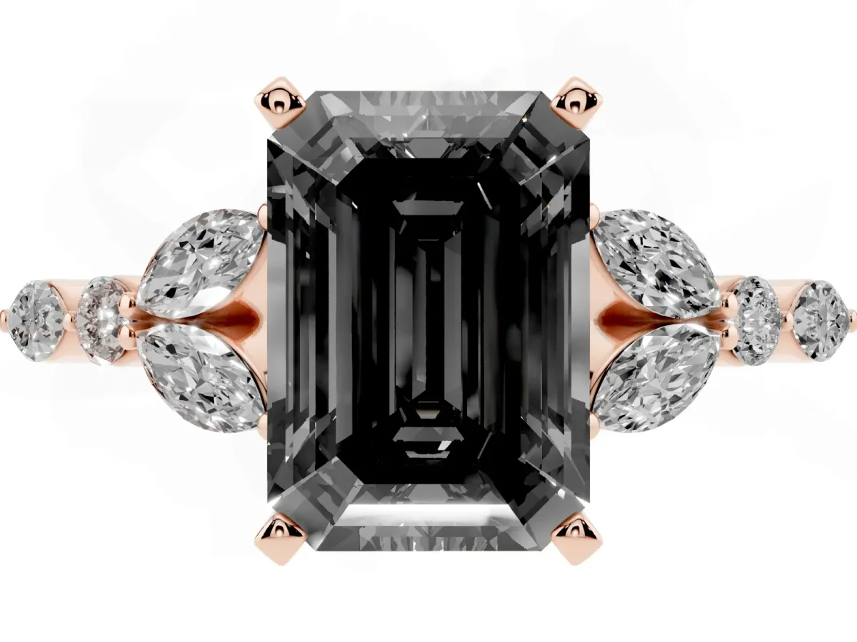 Fancy Black Emerald Cut Diamond Solitaire Ring with Side Stones and Four-Prong Setting Rose gold