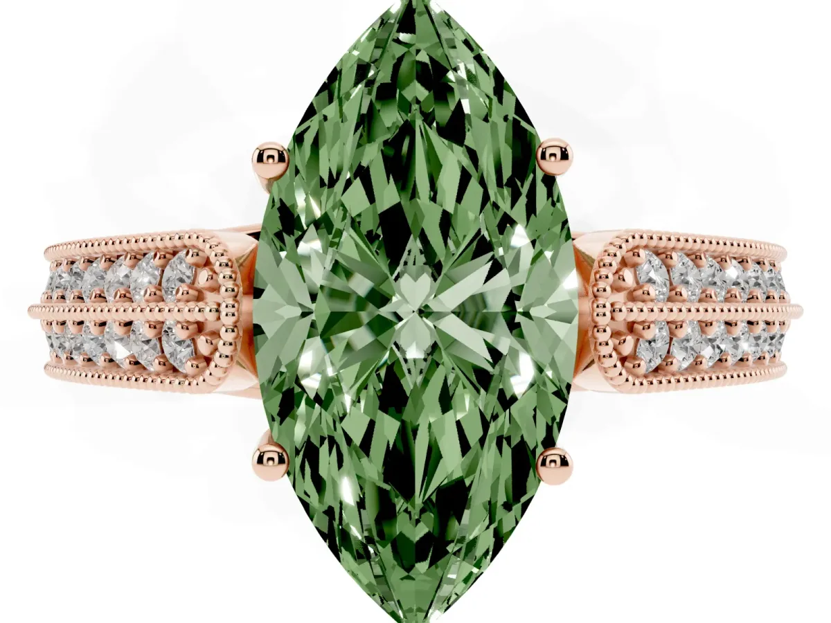 Fancy Green Marquise Cut Cut Pave Split Shank Engagement Ring with Four-Prong Setting Rose gold