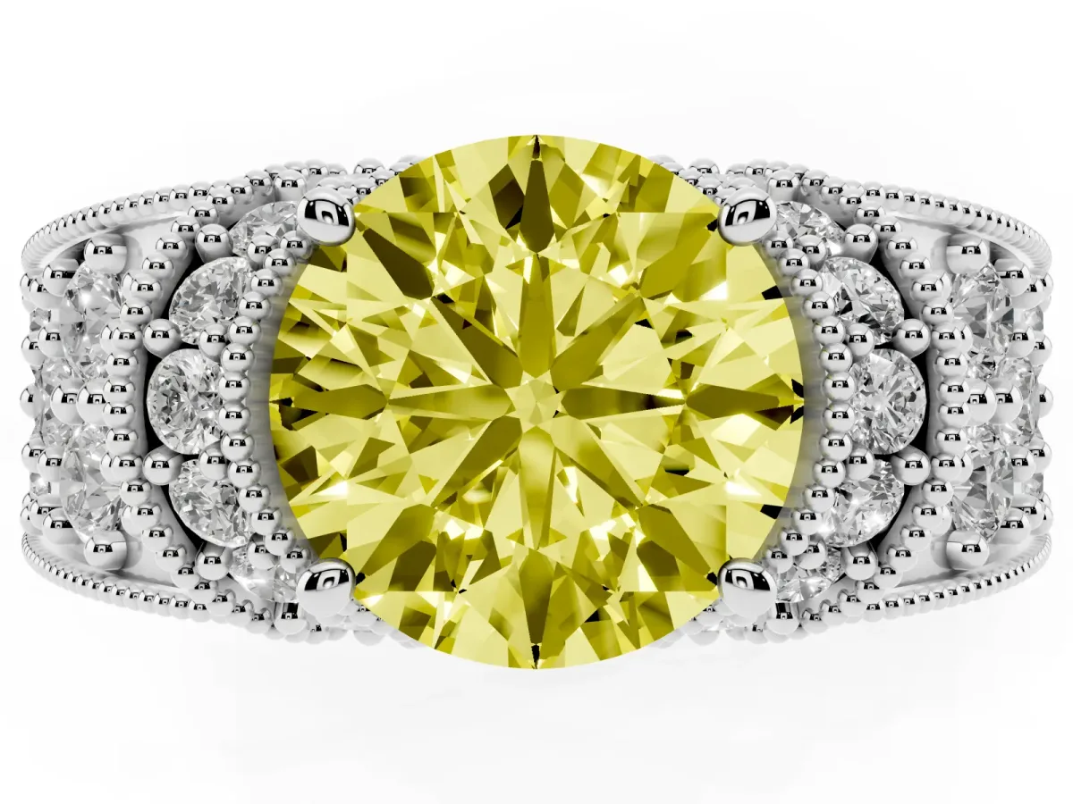 Fancy Yellow Round Cut Halo Pave Diamond Engagement Ring with Milgrain Detailing Silver