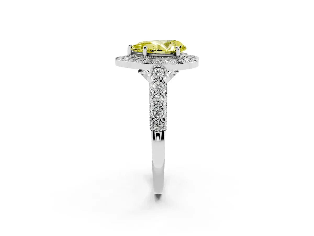 Fancy Yellow Pear Cut Halo Milgrain Solitaire with Bezel Set Side Stones and Pave Band Silver