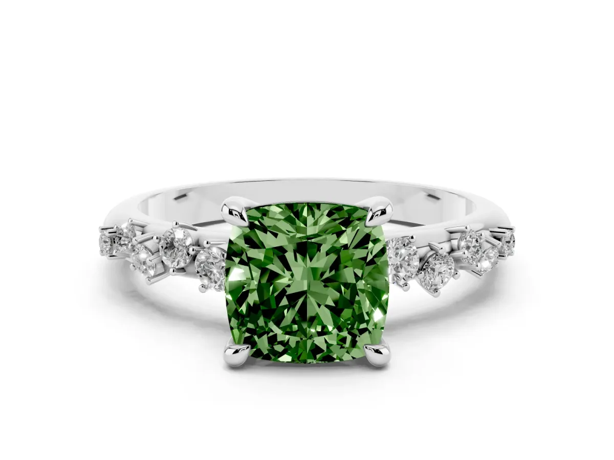 Fancy Green Cushion Cut Cut Diamond Vine Band with Four-Prong Setting Silver