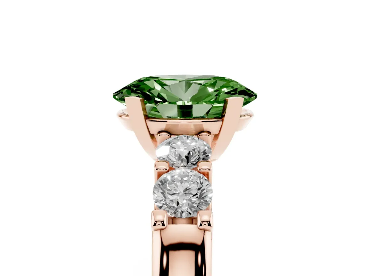 Fancy Green Oval Cut Brilliant Cut Diamond Five-Stone Prong Set Engagement Ring with Channel Band Rose gold