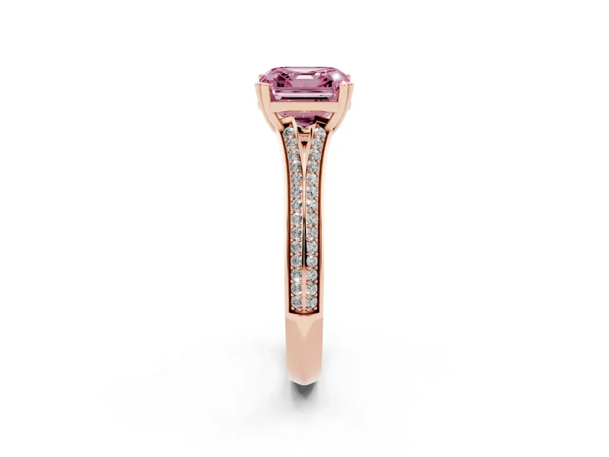 Fancy Pink Asscher Cut Diamond Split Shank Engagement Ring with Pavé Band Rose gold