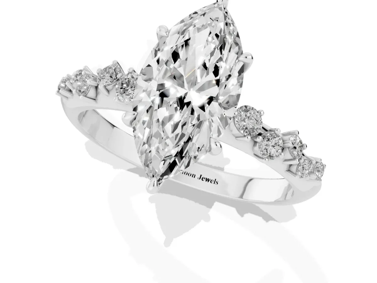 Marquise Cut Diamond Cluster Side Stone Solitaire Ring with Prong Setting Silver