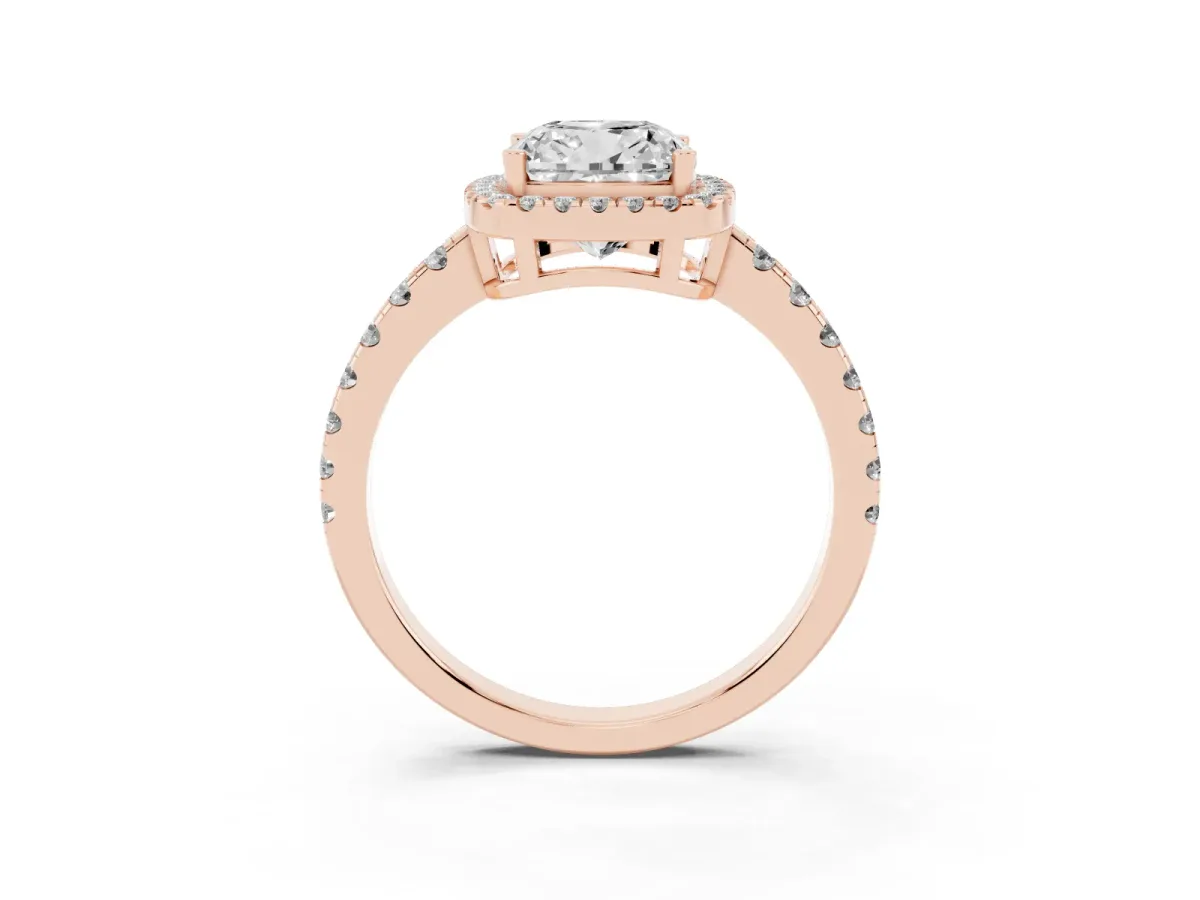Cushion Cut Diamond Halo Ring with Pavé Band and Four-Prong Setting Rose gold