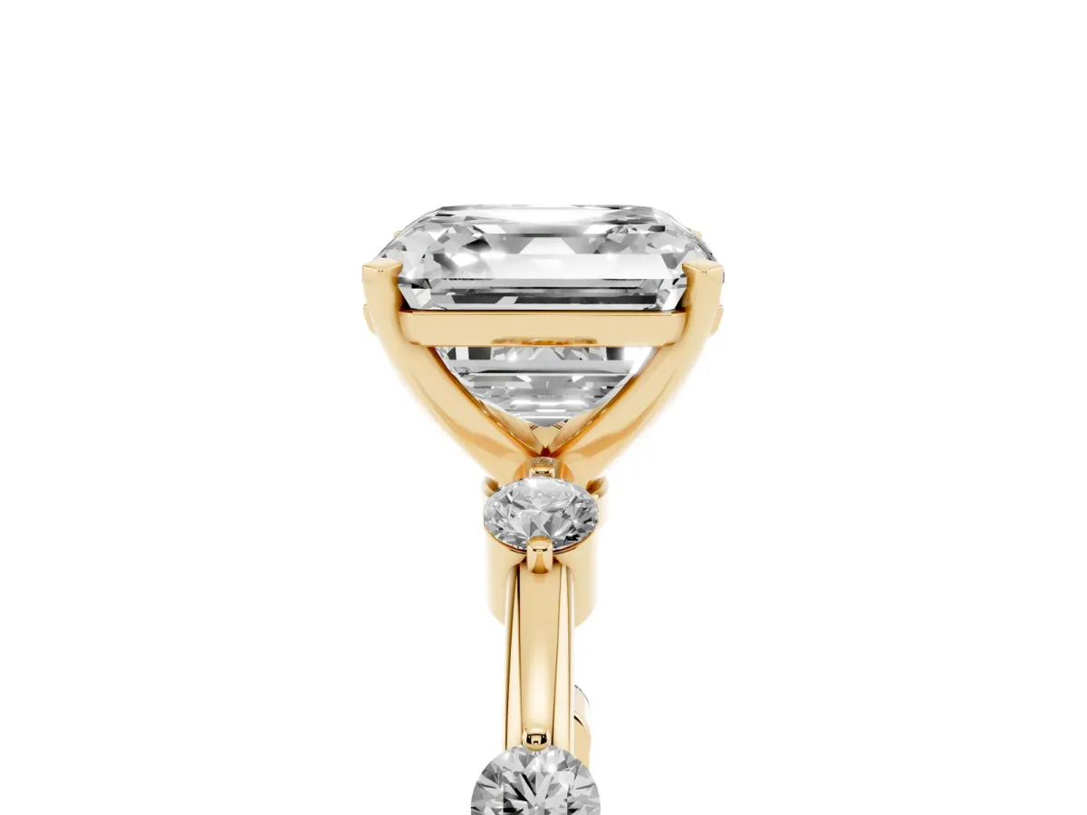 Asscher Cut Solitaire Diamond Ring with Bezel Set Side Stones and Prong Setting Yellow gold