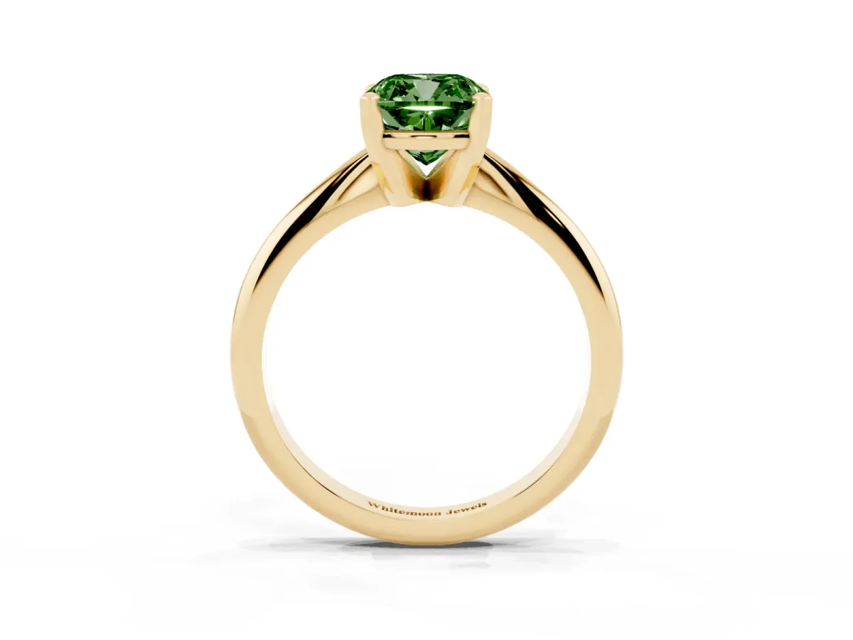 Fancy Green Cushion Cut Cut Solitaire Ring with Four-Prong Setting on a Classic Band Yellow gold