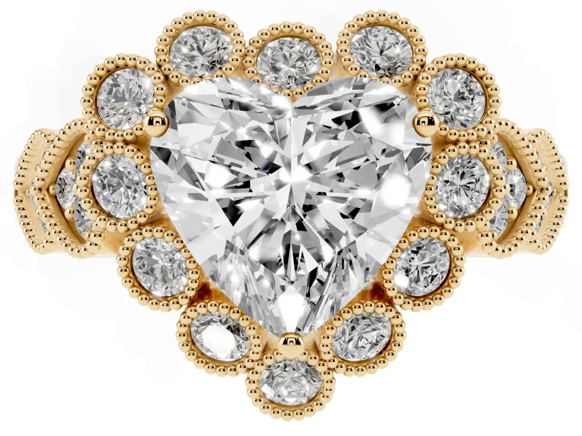Heart Cut Brilliant Milgrain Pave Heart Band Solitaire Ring Yellow gold