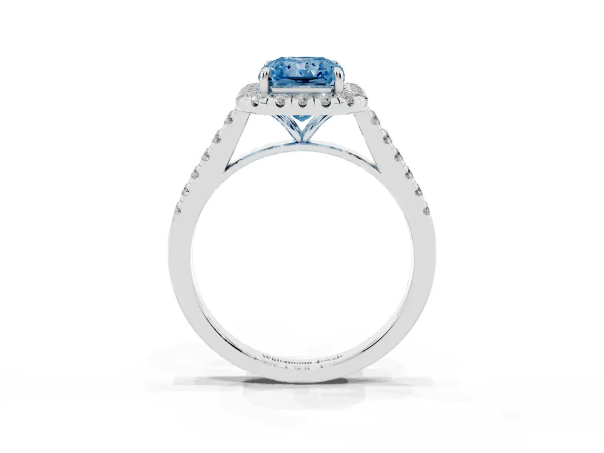 Fancy Blue Radiant Cut Halo Pave Diamond Engagement Ring with Four-Prong Setting Silver