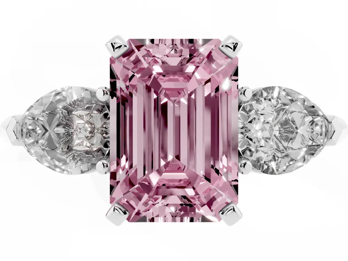Fancy Pink Three-Stone Emerald Cut Diamond Ring with Pear Side Stones and Four-Prong Setting Silver