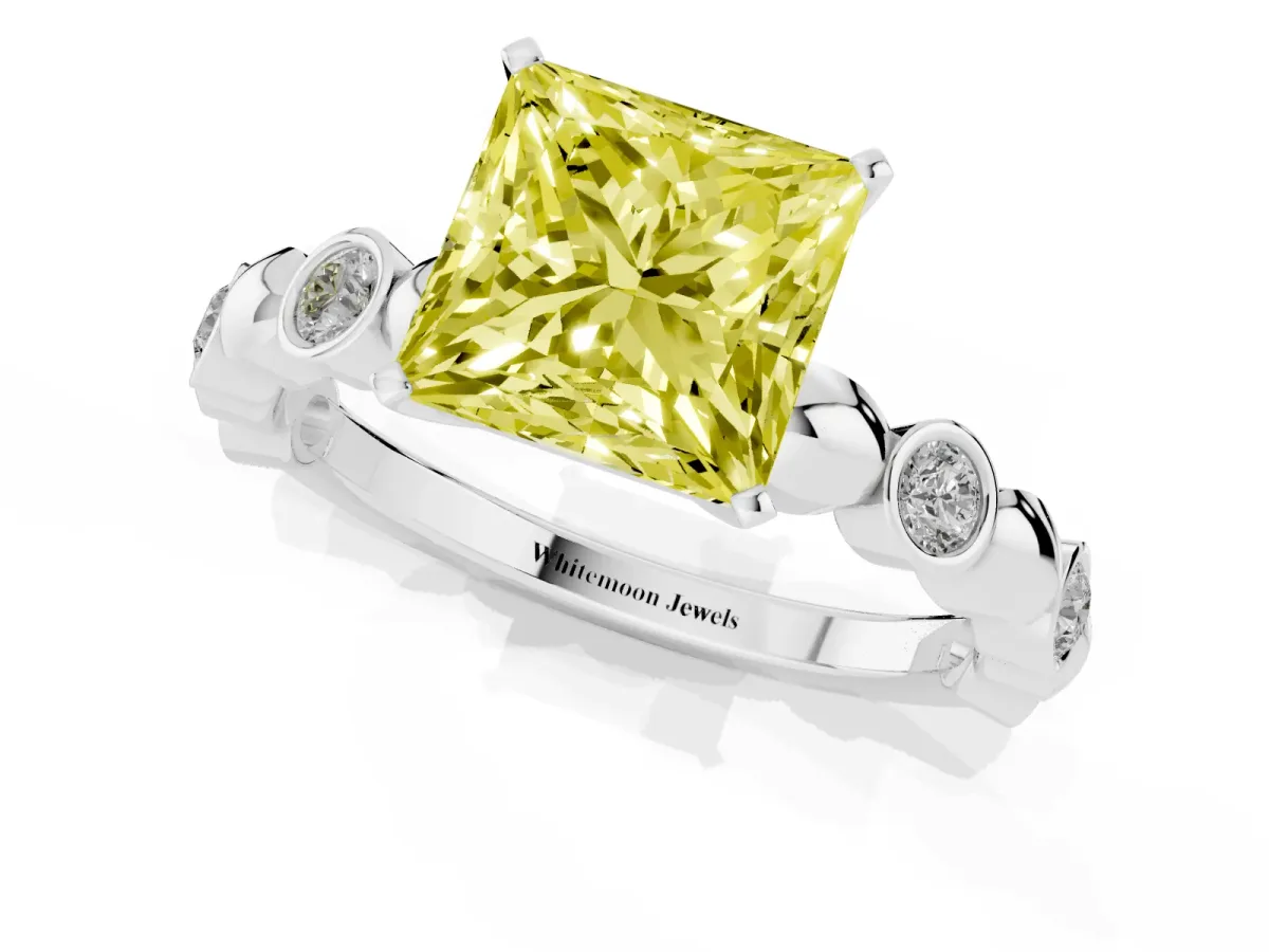 Fancy Yellow Princess Cut Solitaire Bezel-Set Diamond Ring with Beaded Band and Four-Prong Setting Silver