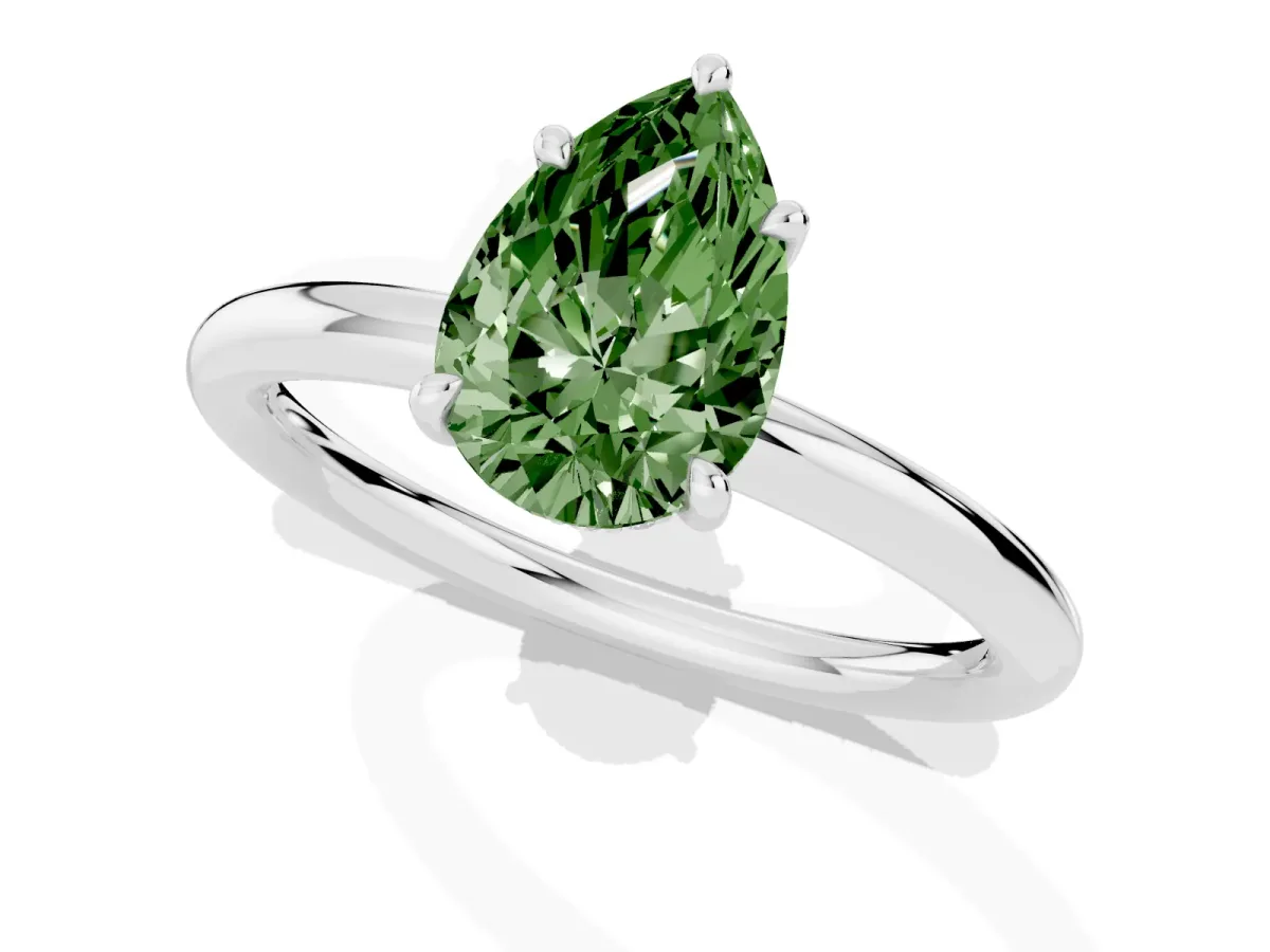 Fancy Green Pear Cut Diamond Solitaire Ring with Thin Band and Four-Prong Setting White gold