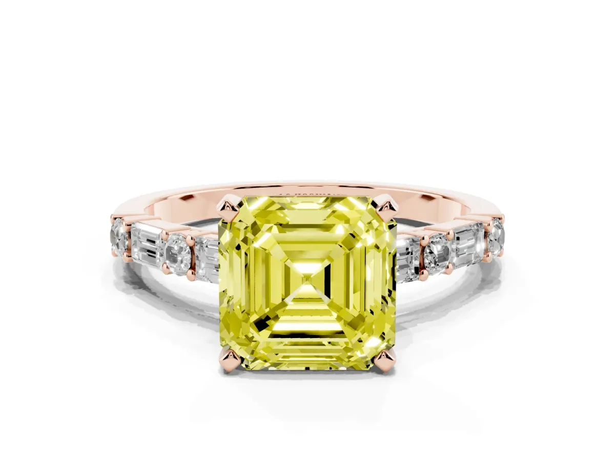 Fancy Yellow Asscher Cut Diamond Solitaire with Side Baguettes and Channel Set Band Rose gold