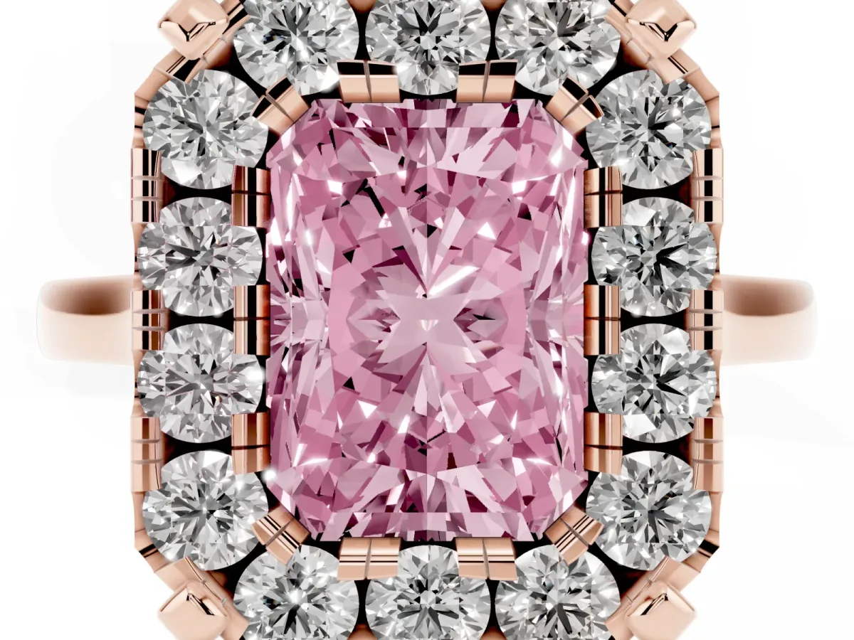 Fancy Pink Radiant Cut Diamond Cluster Halo Solitaire with Four-Prong Setting Rose gold