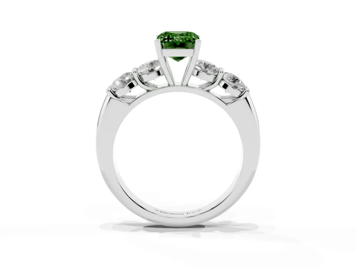 Fancy Green Emerald Cut Cut Five-Stone Prong Set Diamond Ring with Classic Band Silver