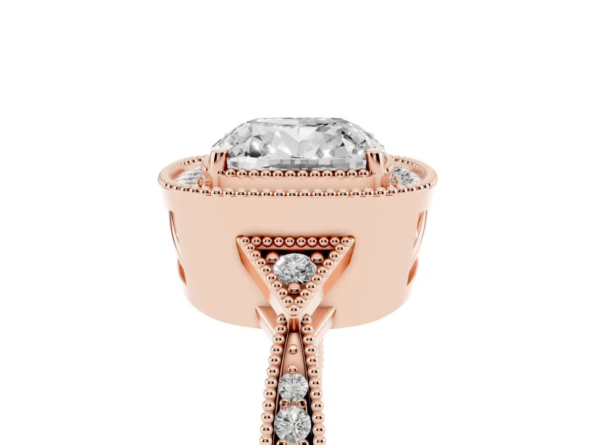 Cushion Cut Halo Round Diamond Milgrain Pave Engagement Ring Rose gold