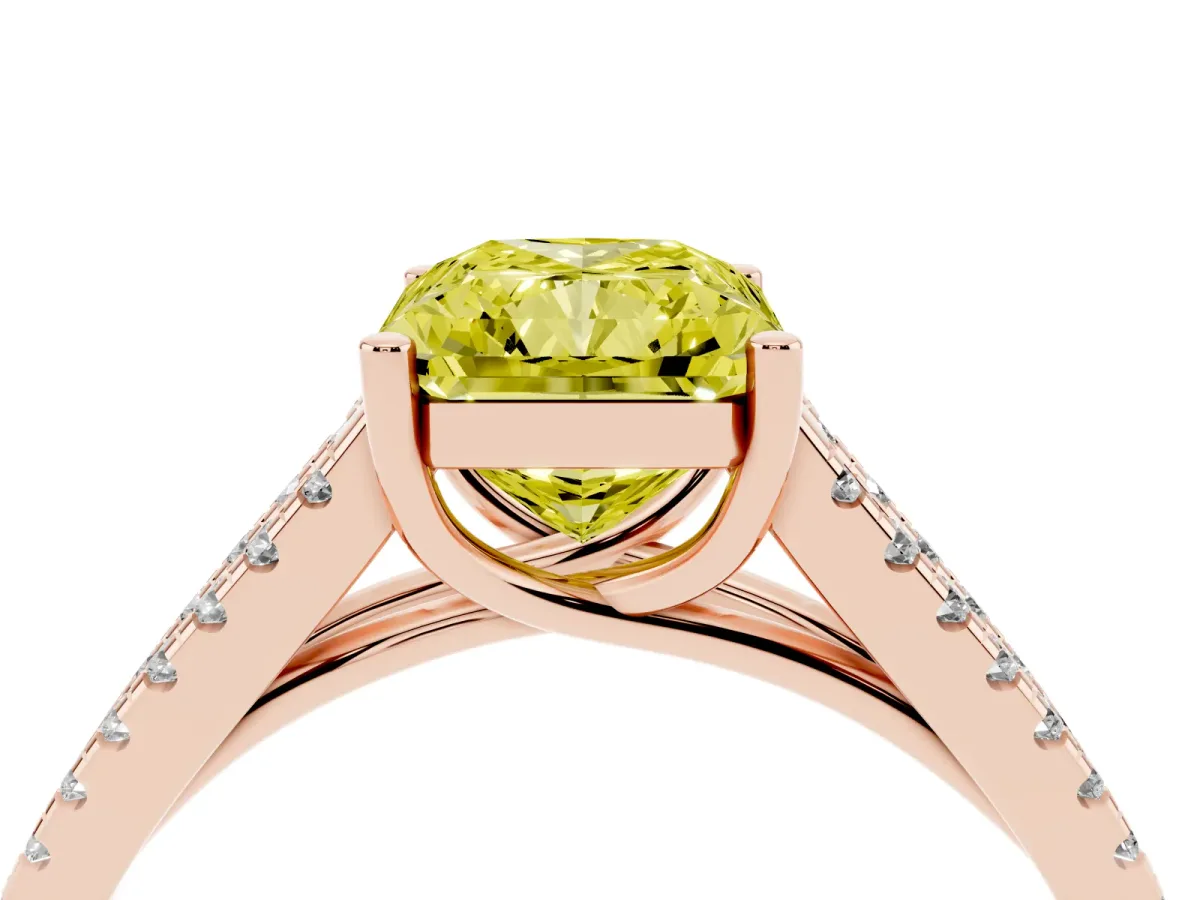 Fancy Yellow Radiant Cut Diamond Solitaire Engagement Ring with Split Shank Pavé Band Rose gold