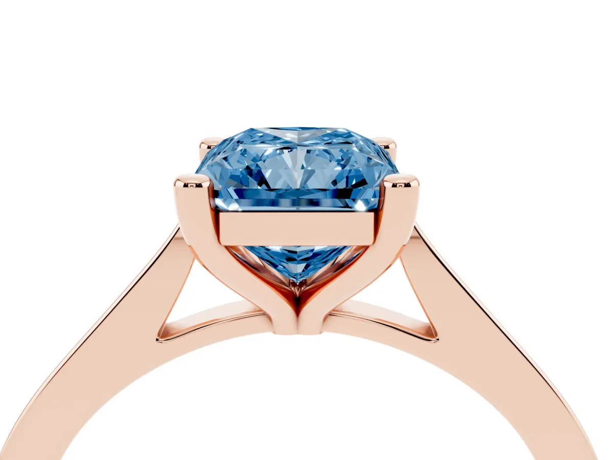 Fancy Blue Radiant Cut Solitaire Diamond Ring with Four-Prong Setting and Tapered Band Rose gold