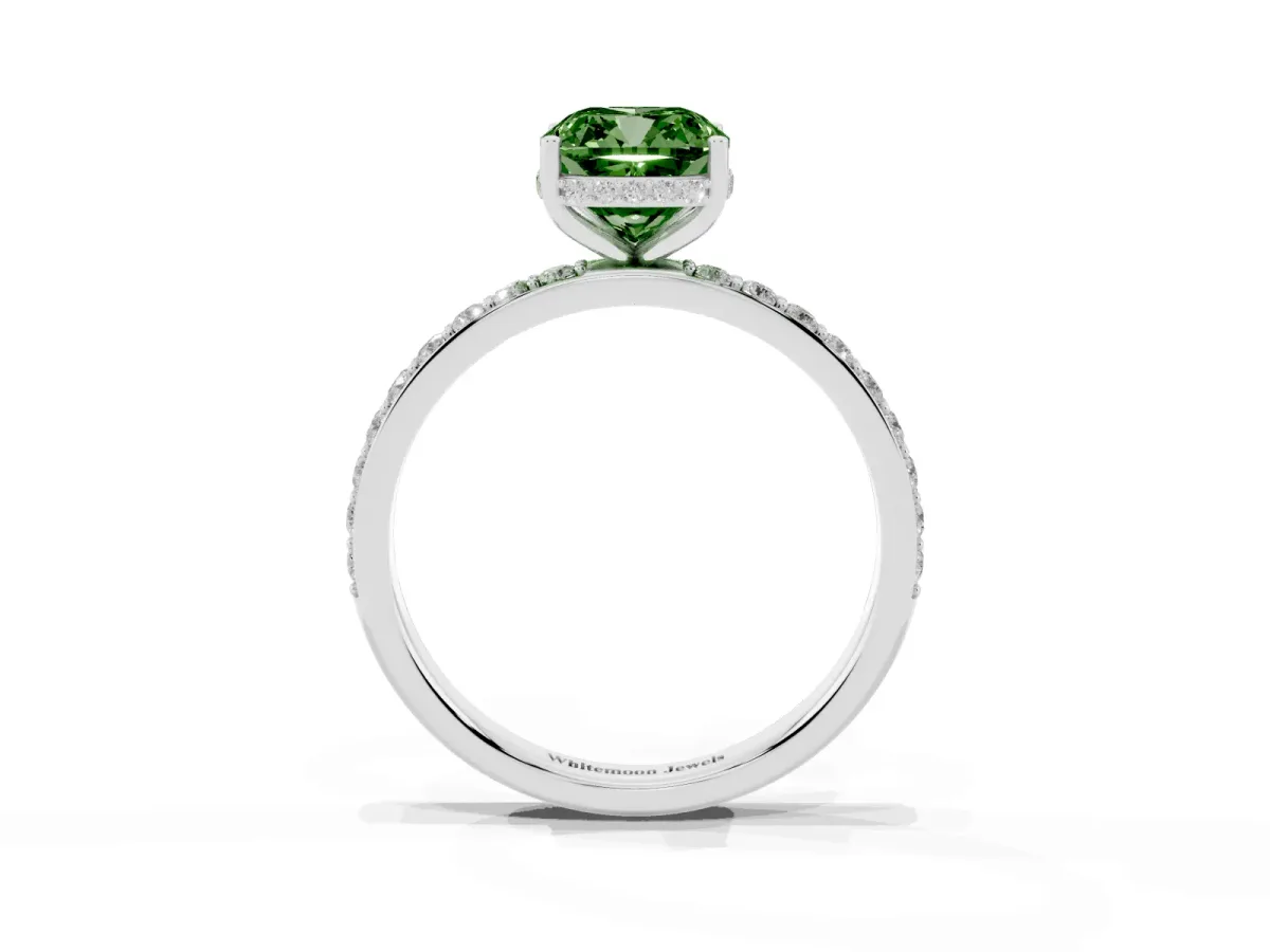 Fancy Green Cushion Cut Diamond Solitaire Ring with Pavé Band and Hidden Halo Platinum