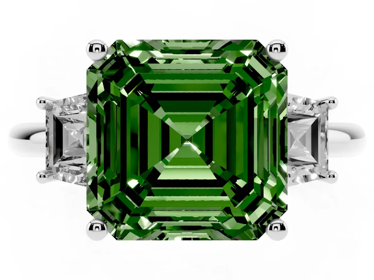 Fancy Green Asscher Cut Diamond Three-Stone Ring with Trapezoid Side Stones and Prong Setting Silver