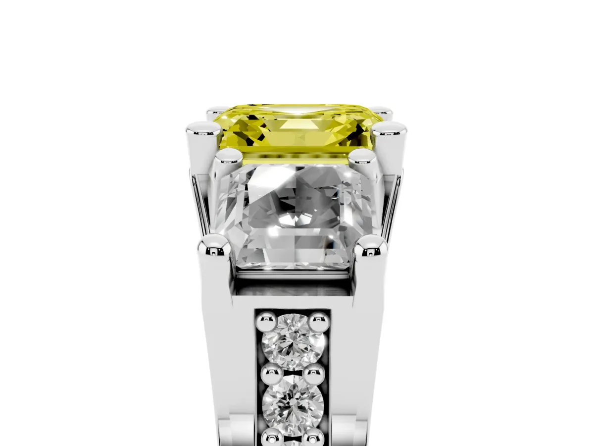 Fancy Yellow Asscher Cut Diamond Three-Stone Ring with Channel Set Band and Four-Prong Setting Silver
