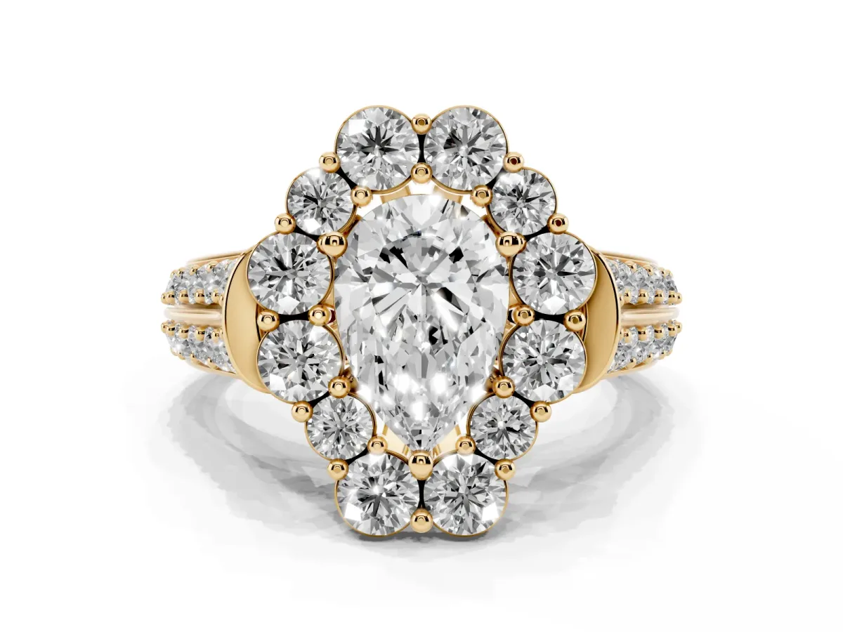 Pear Cut Halo Diamond Engagement Ring with Split Shank and Prong Setting Yellow gold