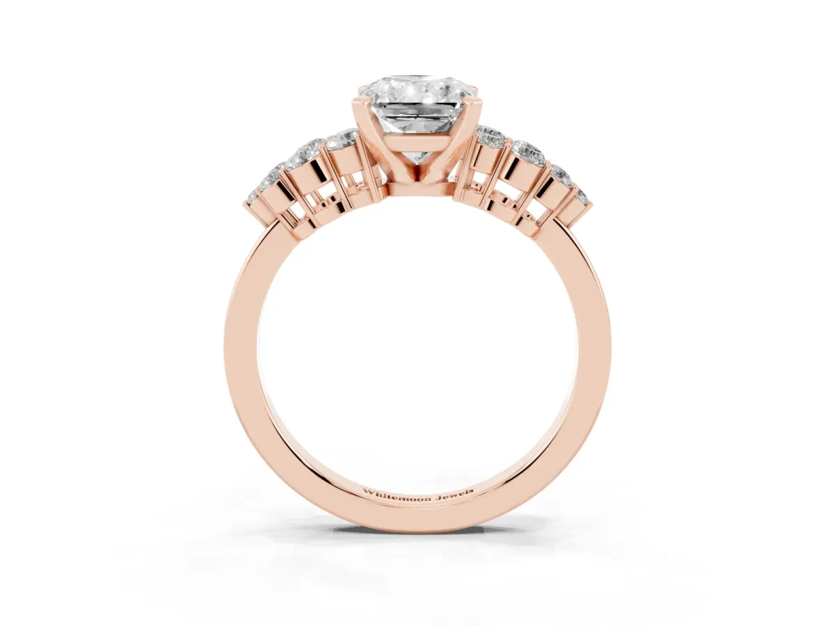 Radiant Cut Cluster Diamond Engagement Ring with Pavé Band and Four-Prong Setting Rose gold