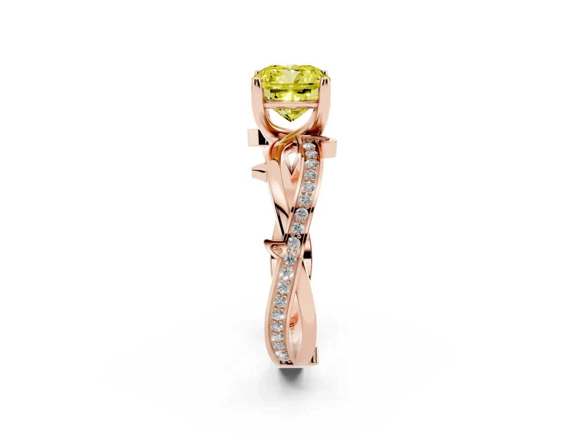 Fancy Yellow Cushion Cut Solitaire Twist Band with Pavé Accents and Four-Prong Setting Rose gold