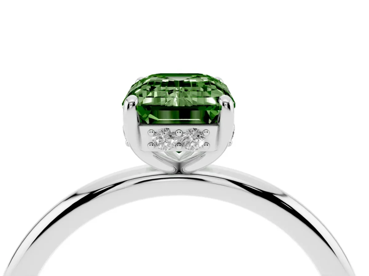 Fancy Green Emerald Cut Solitaire Diamond Ring with a Classic Band and Four-Prong Setting Silver