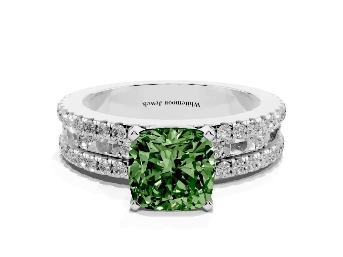 Fancy Green Cushion Cut Diamond Solitaire Ring with Pavé and Channel Set Band Platinum