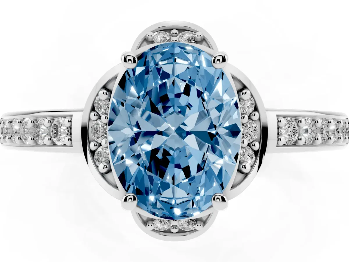 Fancy Blue Oval Cut Cut Halo Diamond Ring with Channel Set Band and Four-Prong Setting Silver
