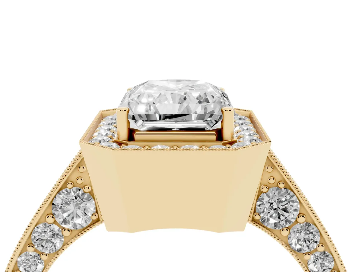 Radiant Cut Halo Diamond Engagement Ring with Split Shank Band and Four-Prong Setting Yellow gold
