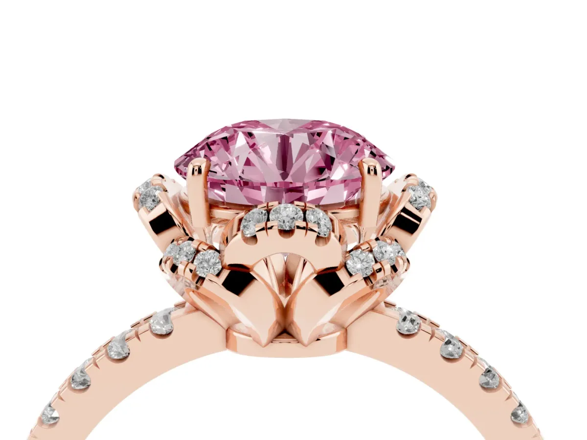 Fancy Pink Round Cut Diamond Halo Pave Band with Four-Prong Setting Rose gold