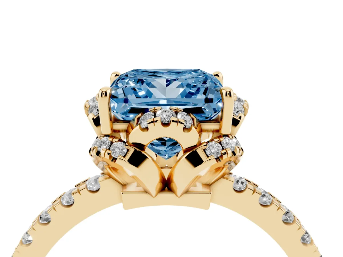 Fancy Blue Princess Cut Diamond Halo Pave Band with Four-Prong Setting Yellow gold