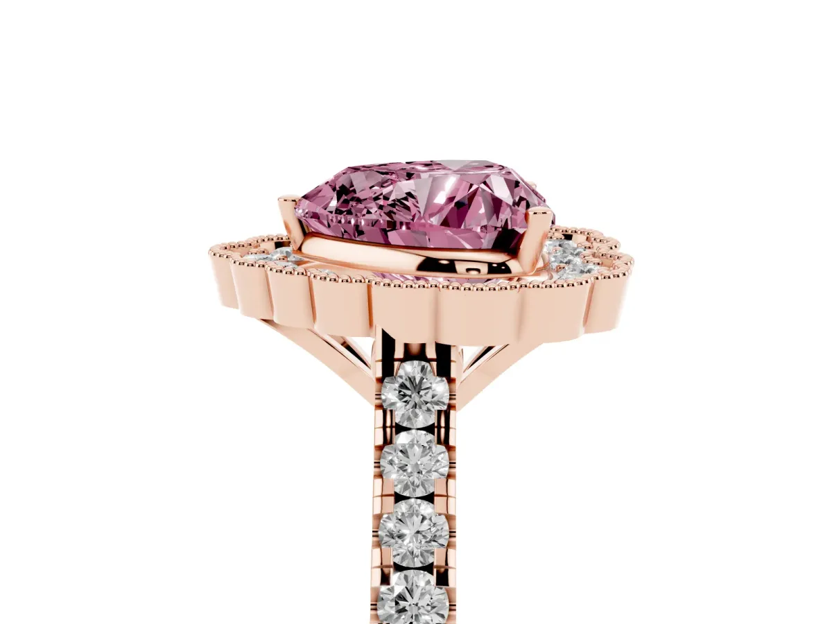 Fancy Pink Heart Cut Cut Diamond Milgrain Floral Halo Engagement Ring with Pavé Band Rose gold