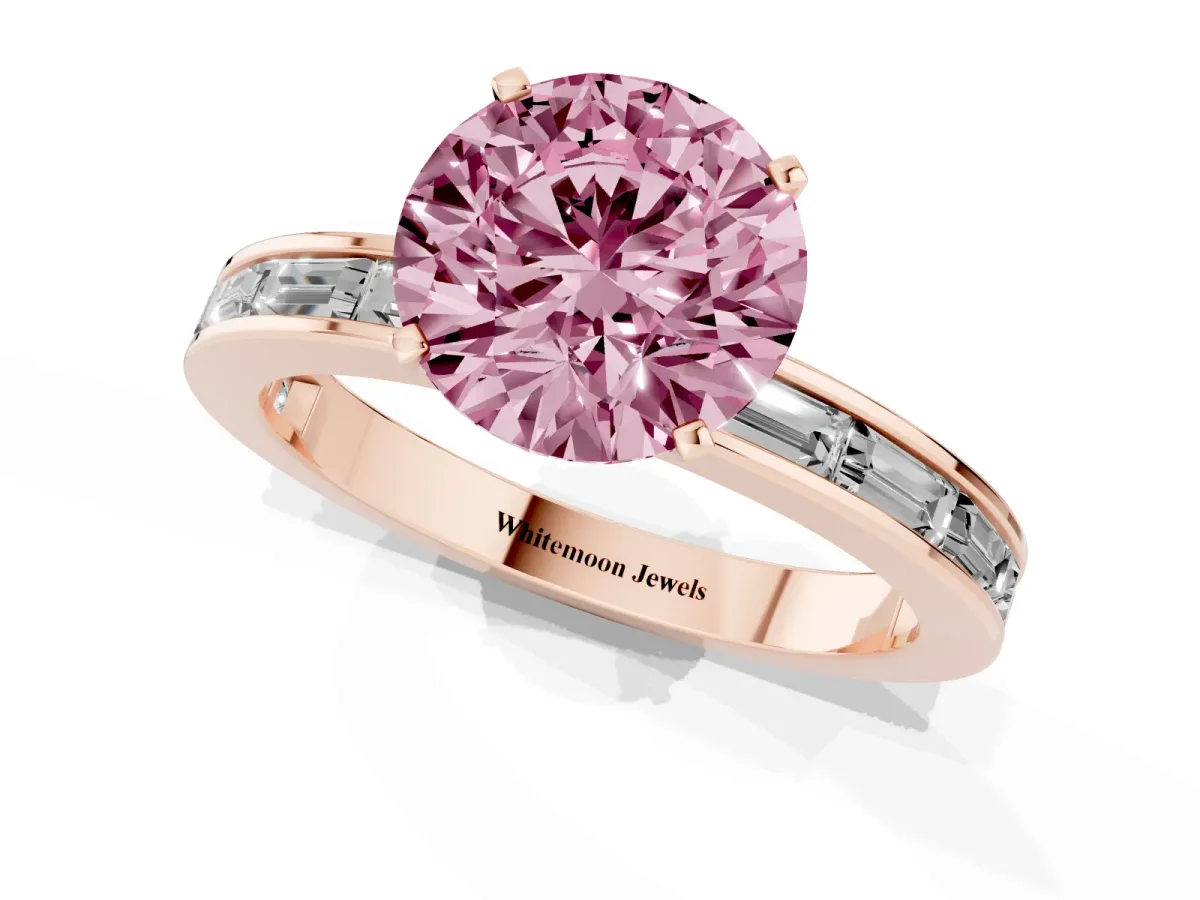 Fancy Pink Round Cut Solitaire Diamond Ring with Channel-Set Baguette Band and Four-Prong Setting Rose gold