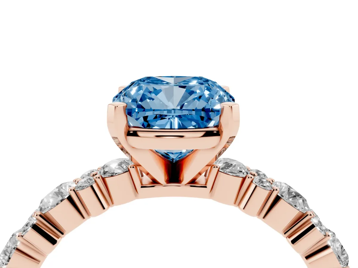 Fancy Blue Cushion Cut Diamond Side Stone Solitaire Ring with Round and Four-Prong Setting Rose gold