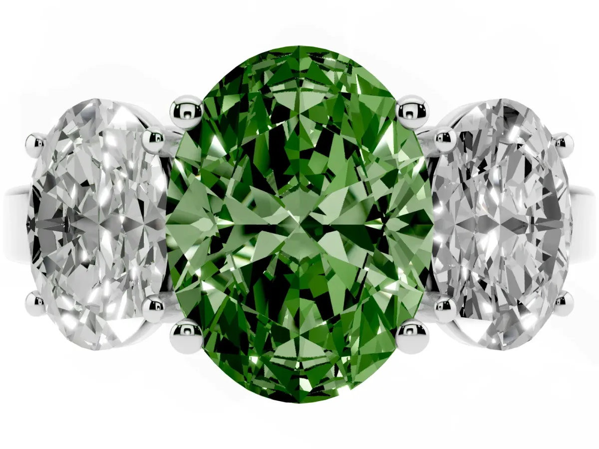 Fancy Green Three-Stone Oval Cut Cut Diamond Engagement Ring with Flat Band and Four-Prong Setting Silver