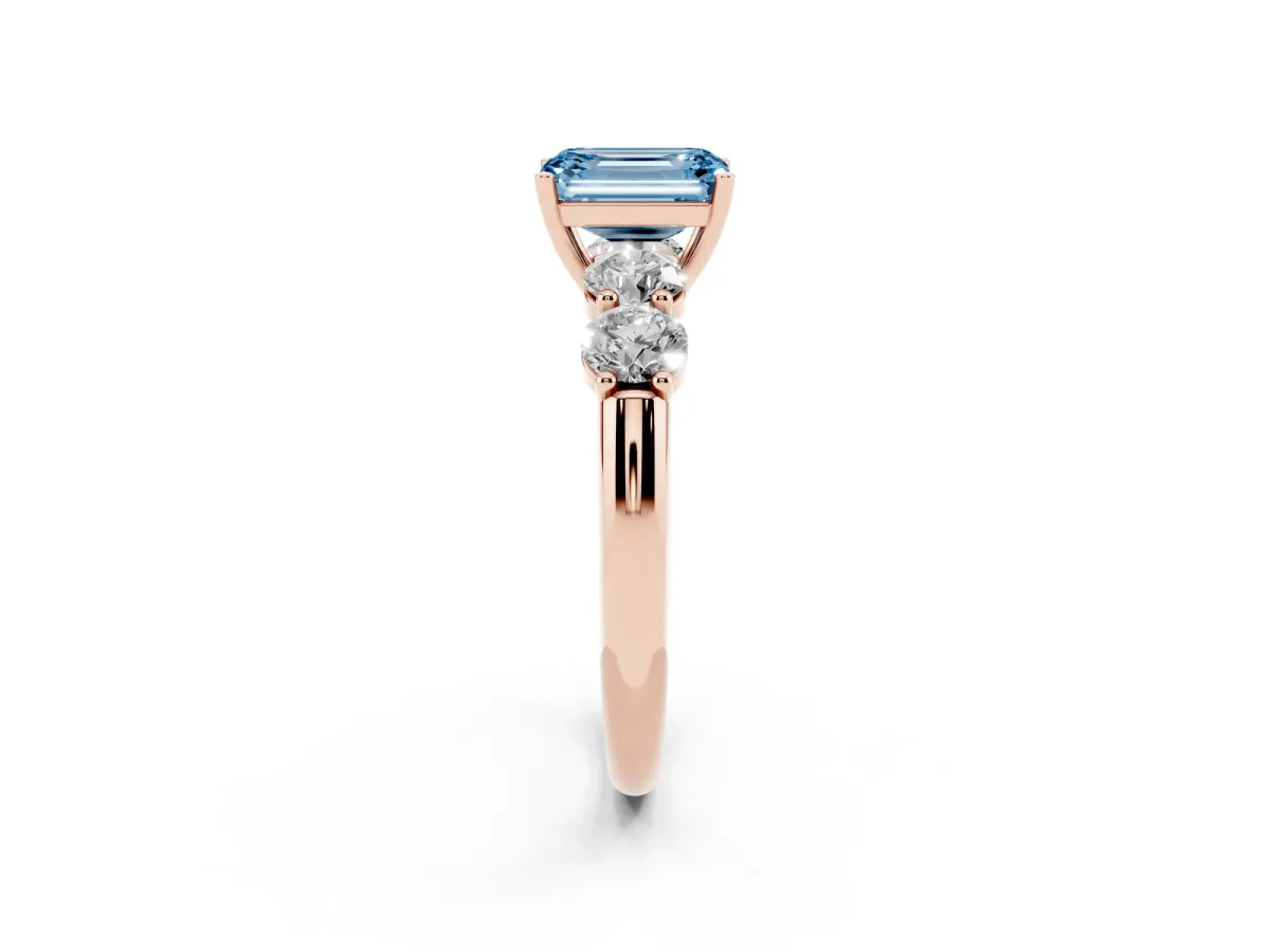 Fancy Blue Emerald Cut Cut Five-Stone Prong Set Diamond Ring with Classic Band Rose gold