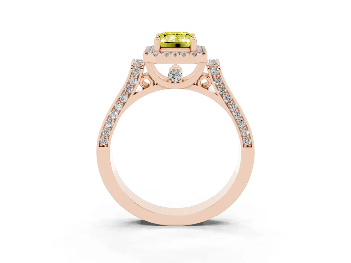 Fancy Yellow Emerald Cut Halo Pave Split Shank Prong Setting Ring Rose gold