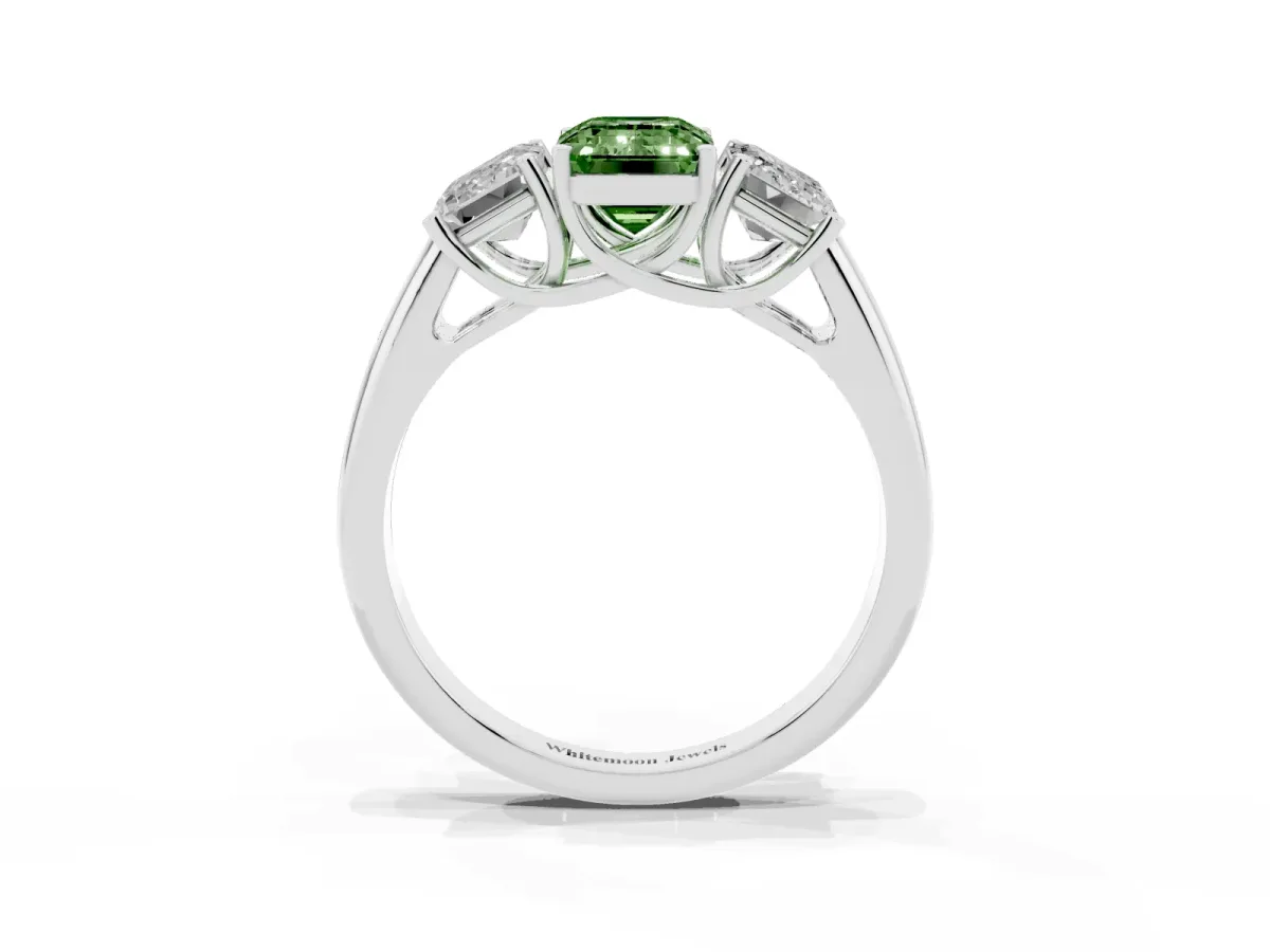 Fancy Green Three-Stone Emerald Cut Diamond Engagement Ring with Prong Setting White gold