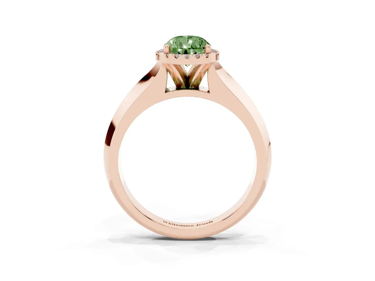 Fancy Green Pear Cut Halo Diamond Ring with Cathedral Band and Four-Prong Setting Rose gold