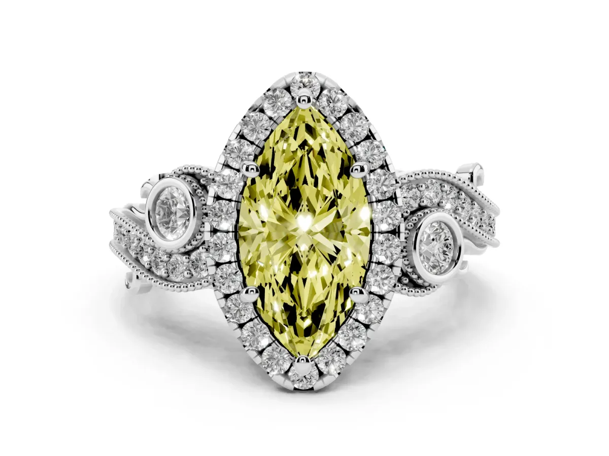 Fancy Yellow Marquise Cut Halo Diamond Ring with Milgrain and Bezel Accents on a Split Shank Band White gold
