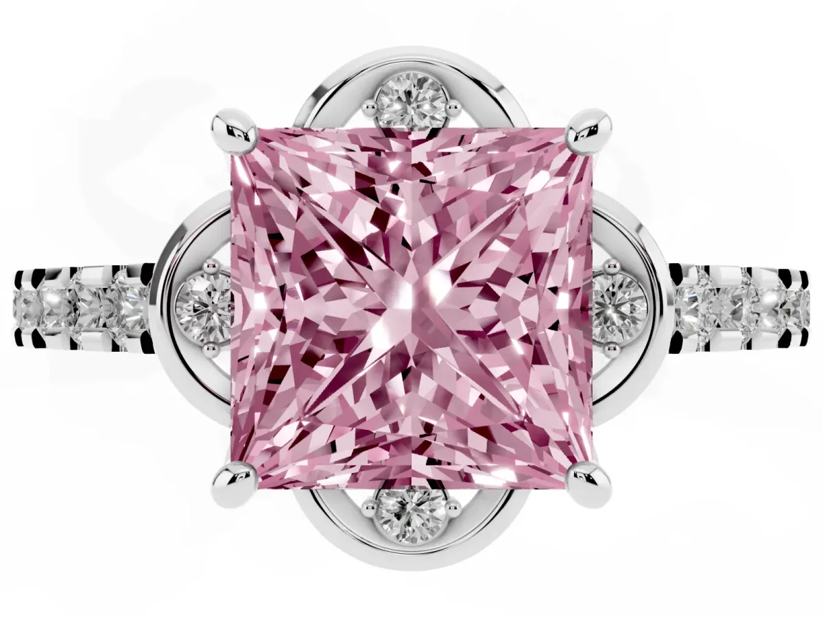 Fancy Pink Princess Cut Diamond Ring with Pavé Band and Floral Prong Setting White gold