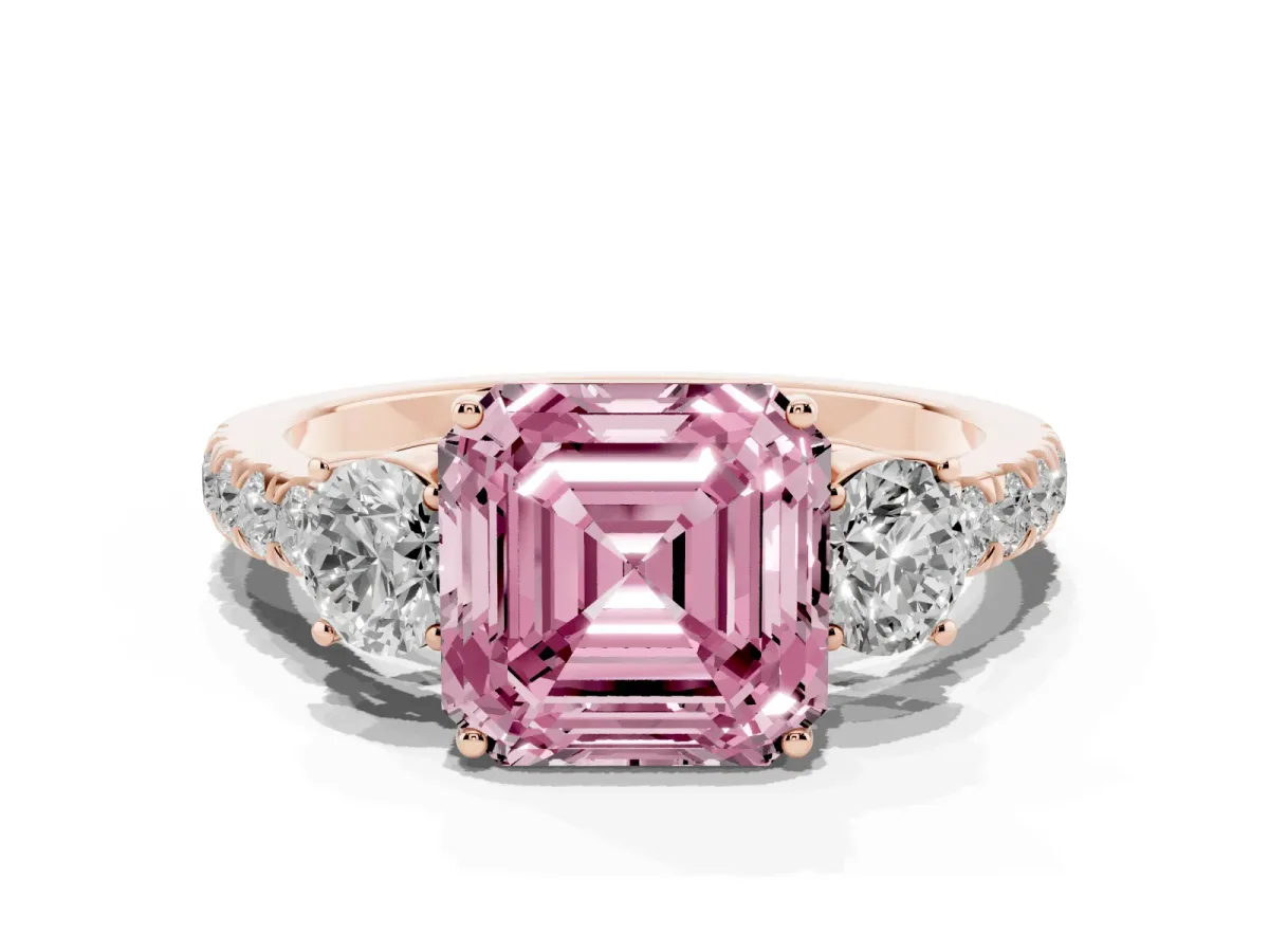 Fancy Pink Asscher Cut Cut Diamond Three-Stone Ring with Round Side Stones and Pavé Band Rose gold