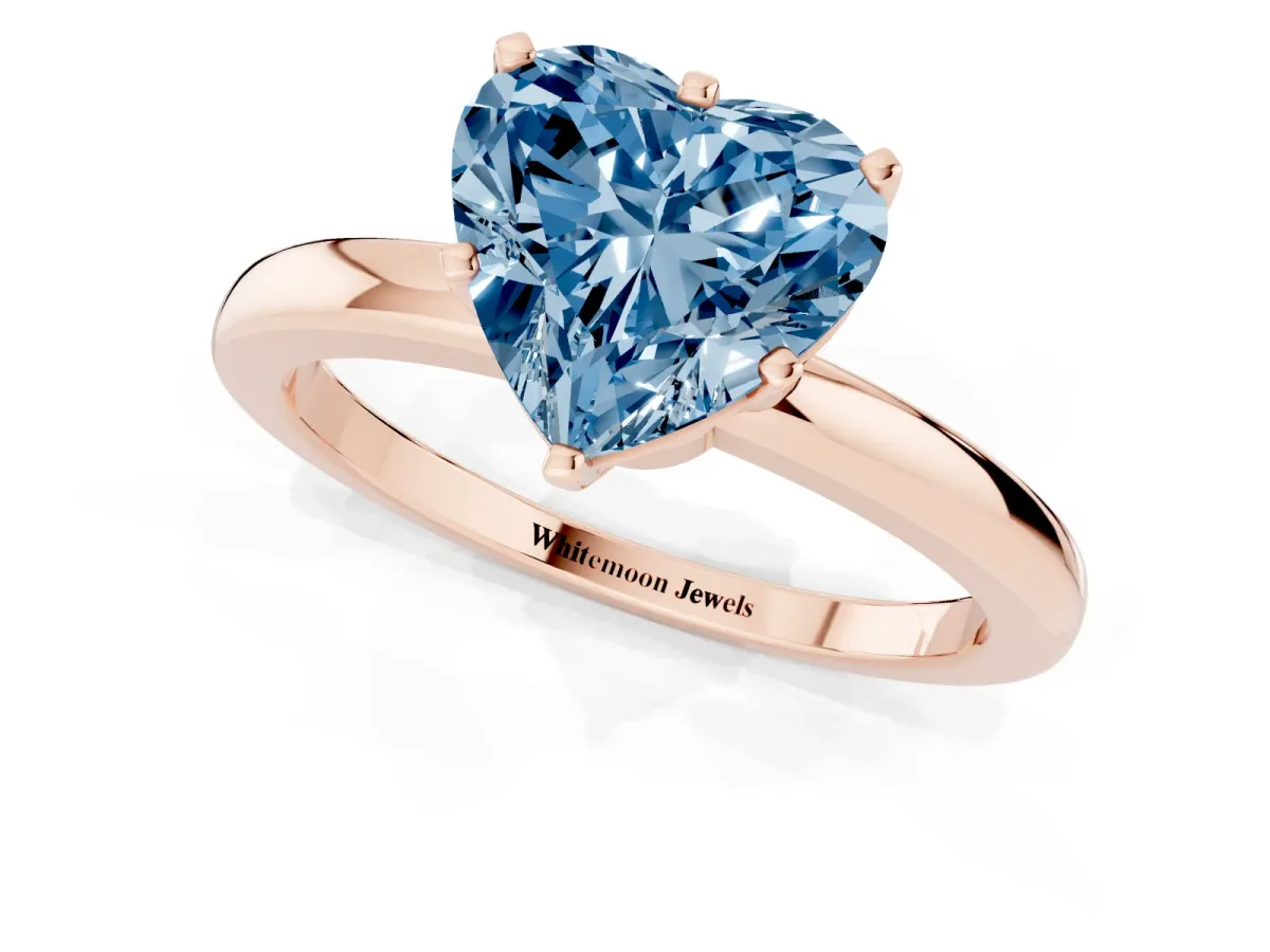 Fancy Blue Heart Cut Solitaire Diamond Ring with Six-Prong Setting on a Classic Band Rose gold